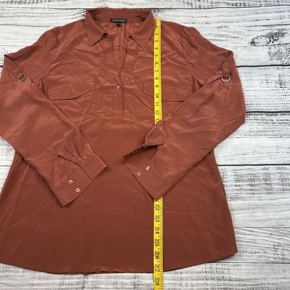 Eileen Fisher Shirt Womens Small Red Salmon 100% Silk Popover Blouse Long Sleeve - Picture 2 of 9